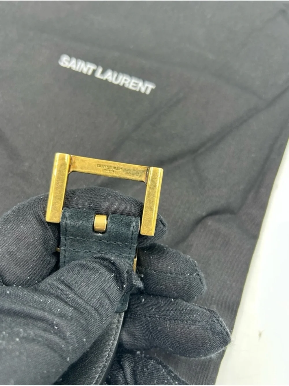 Women's Saint Laurent Black Suede Belt with Gold YSL Logo 80/32 inches